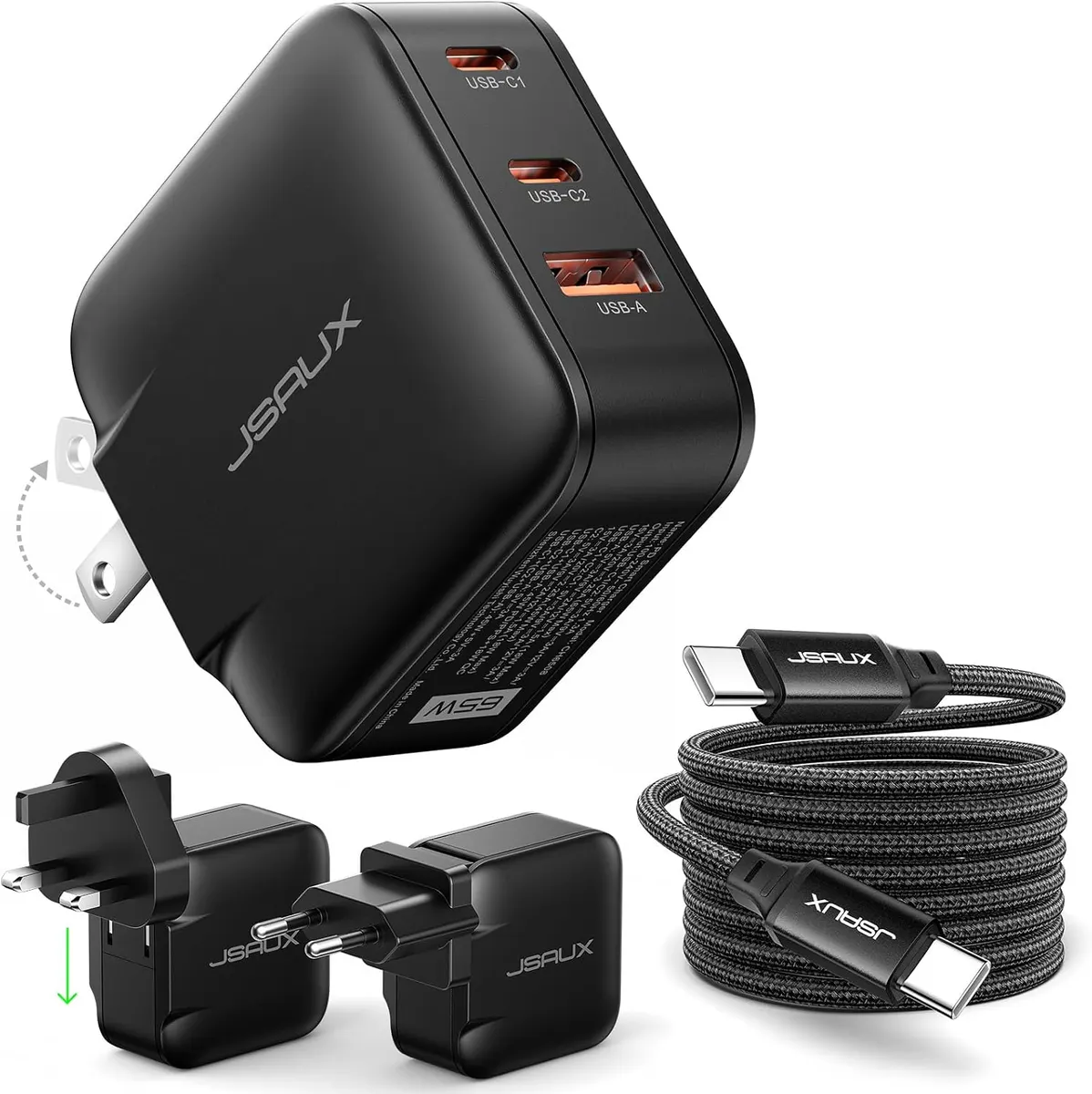 JSAUX Chargeur Secteur GaN 65W, 3 Ports USB C Rapide, Prise Pliable, Câble 2m USB C, Adaptateurs UK/EU,…