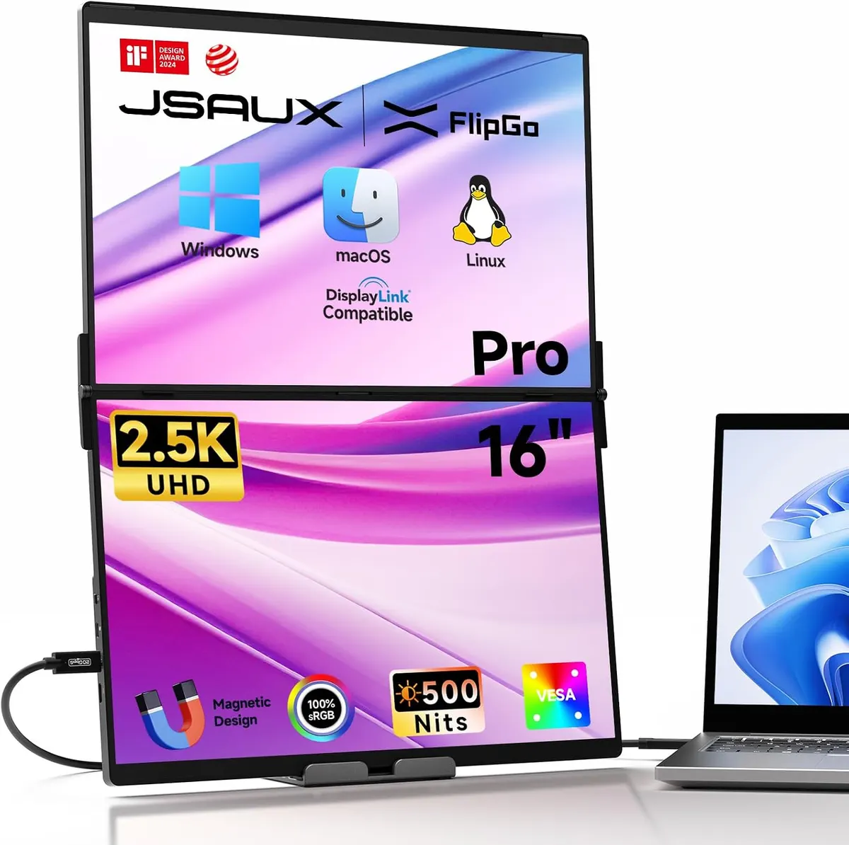 JSAUX FlipGo Pro 16" Extension Triple d’Écran pour Ordinateur Portable, 2.5K Double Moniteur pour PC…